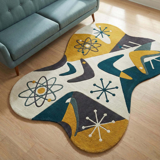Mid Century Modern hand-tufted wool abstract rug with atomic retro design and irregular shape