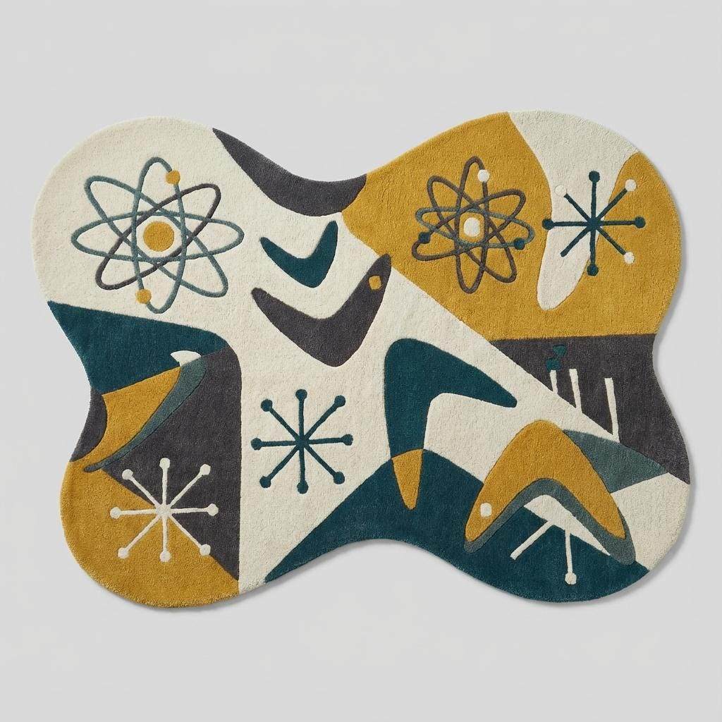 Irregular shape hand tufted wool rug in retro mid century modern style, unique statement rug for modern interiors