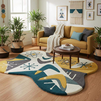 Abstract mid century modern area rug featuring atomic motifs and sculptural shape, perfect living room centerpiece
