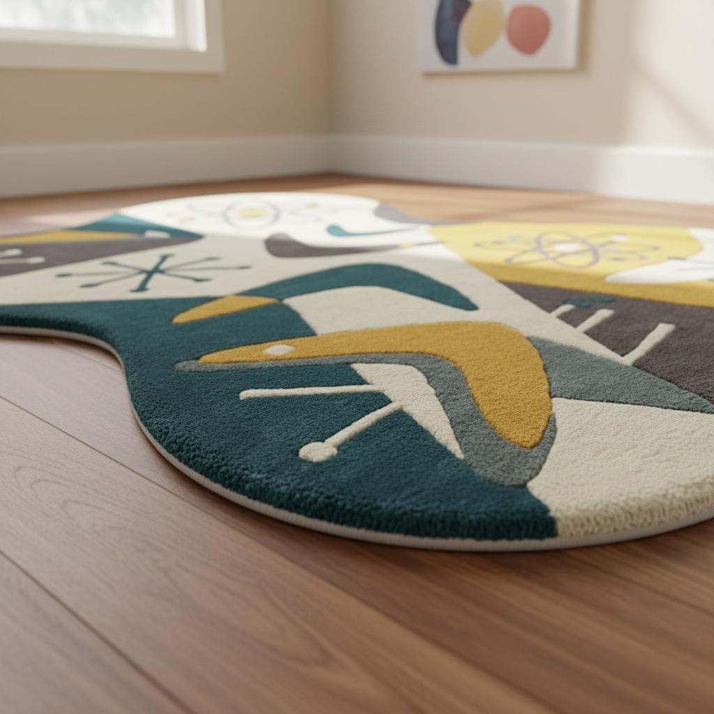 Mid Century Modern Abstract Rug, Irregular Shape Hand Tufted Wool Rug, Atomic Retro Area Rug, 1950s Modern Art Carpet, Living Room Decor