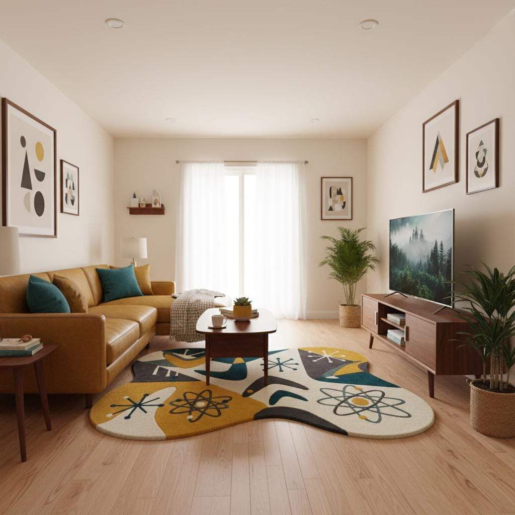 Retro modern wool rug with bold geometric curves and 1950s atomic design, handmade statement carpet