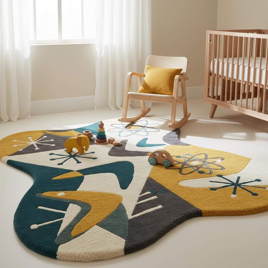 Mid Century Modern Abstract Rug, Irregular Shape Hand Tufted Wool Rug, Atomic Retro Area Rug, 1950s Modern Art Carpet, Living Room Decor