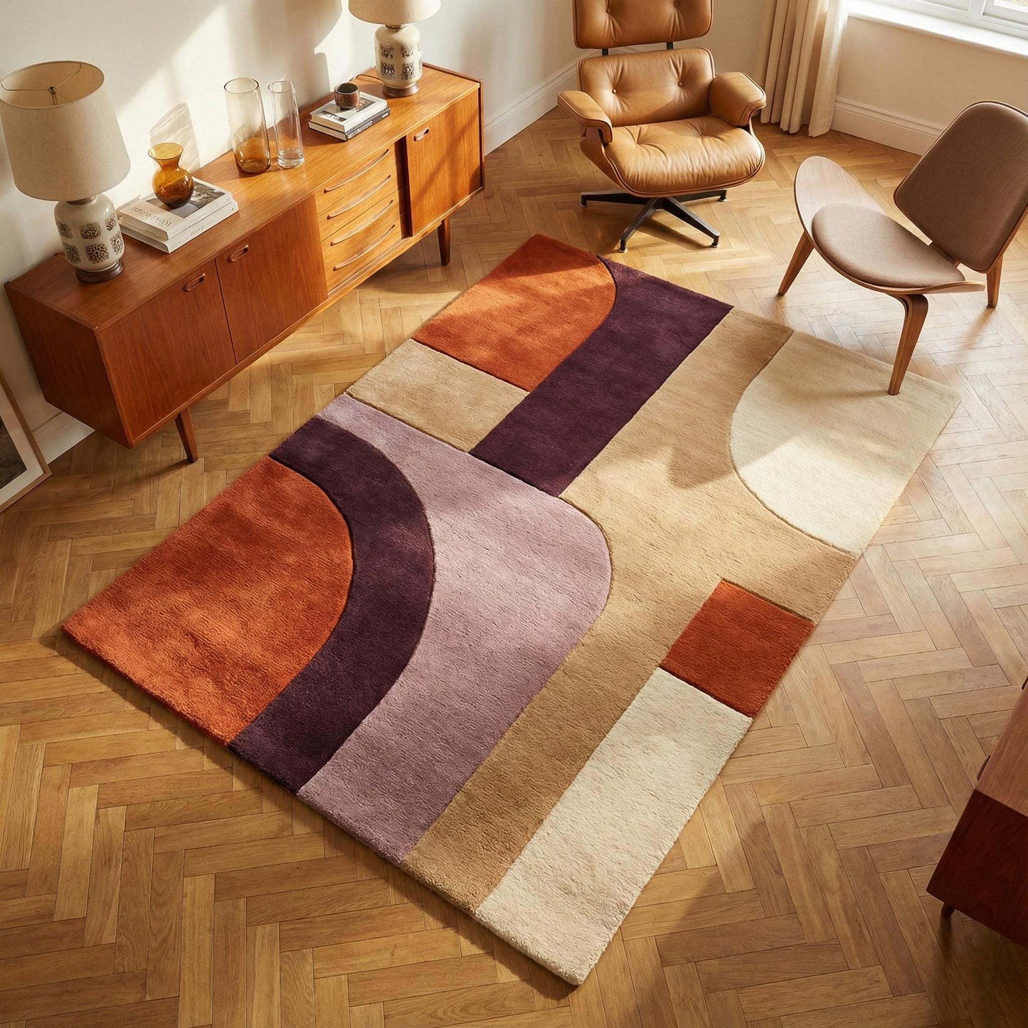 Mid century modern abstract rug with retro geometric curves and high pile wool texture