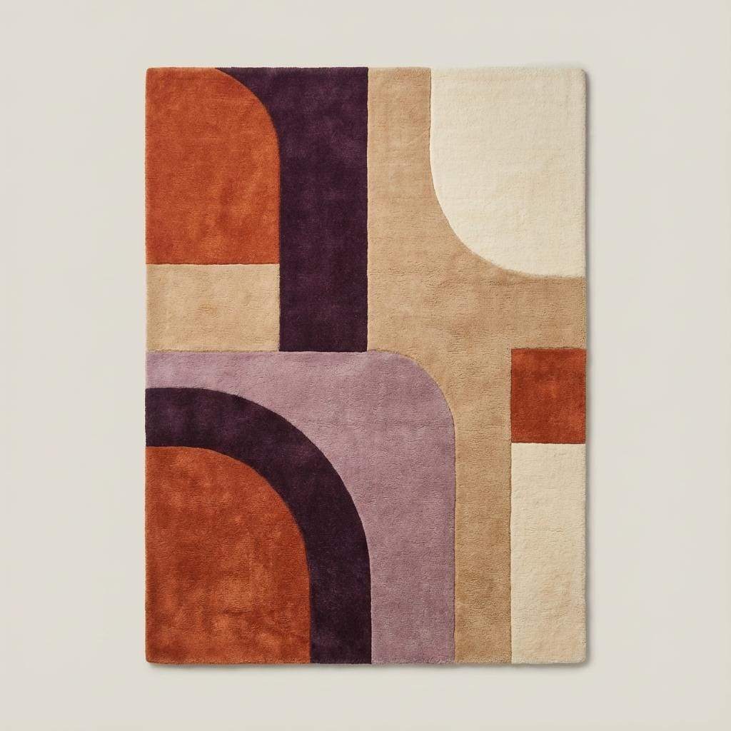 Hand tufted retro area rug featuring bold abstract arches, plush high pile texture, perfect statement rug for mid century modern interiors