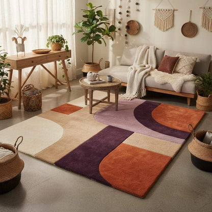 Modern abstract living room rug with carved wool pile, geometric retro design, handmade luxury statement carpet for stylish homes