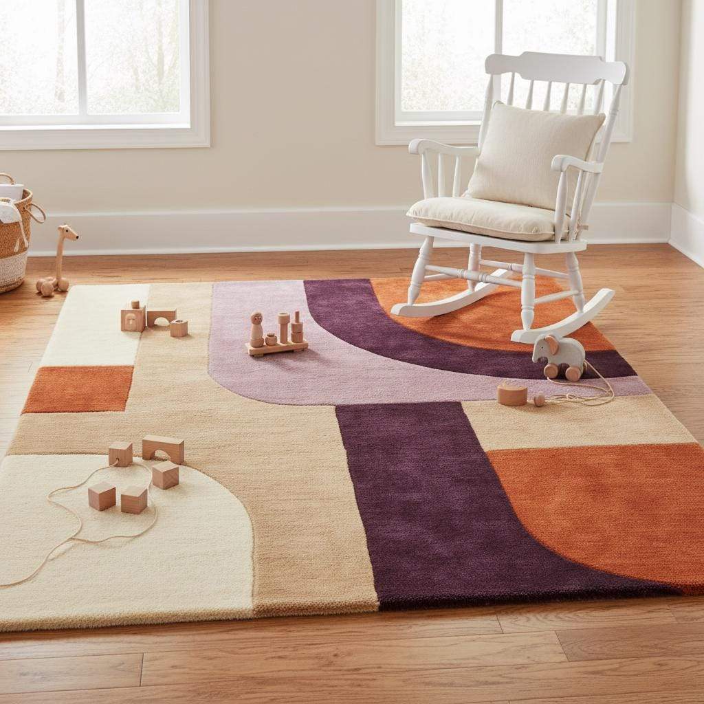 High pile sculpted wool rug with mid century modern aesthetic, warm neutral and terracotta tones, handmade abstract area rug