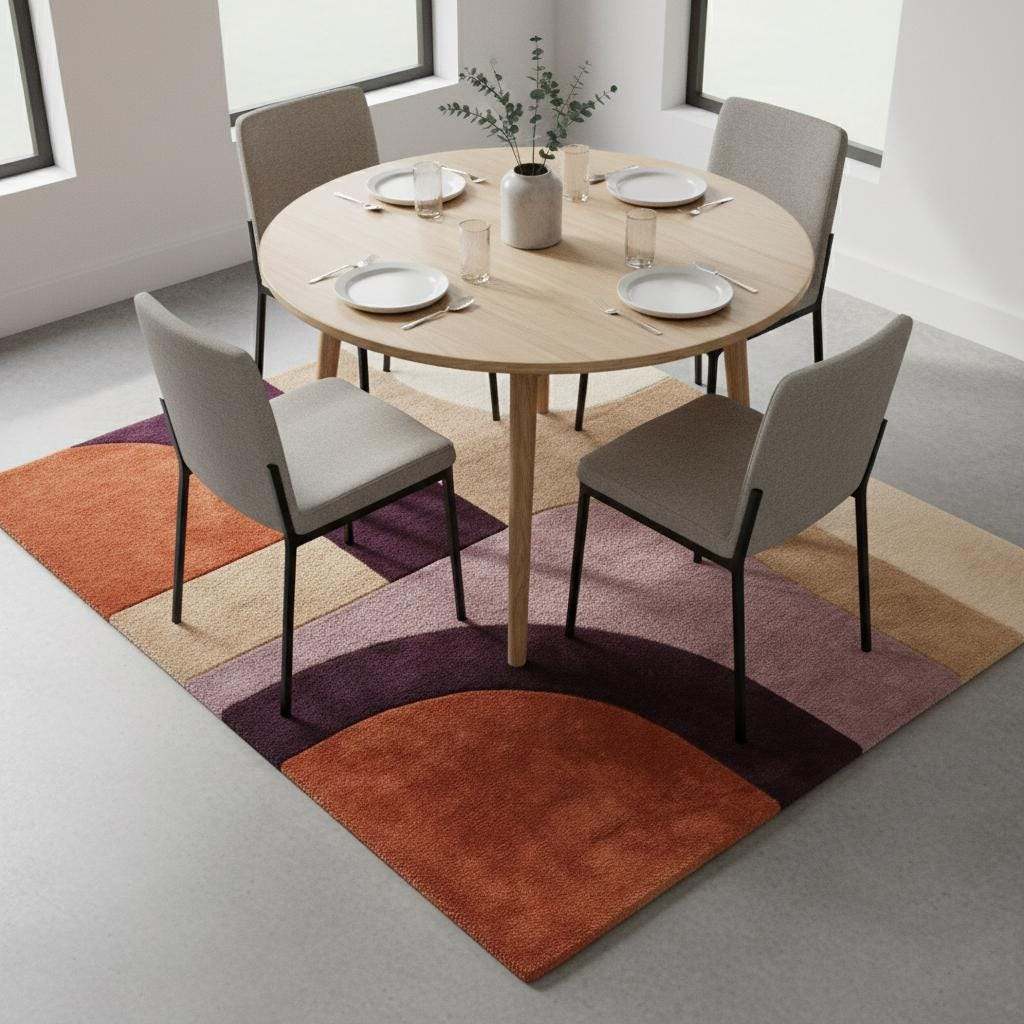 Handmade modern retro wool rug with sculpted texture, bold abstract shapes, luxury statement rug for contemporary interiors