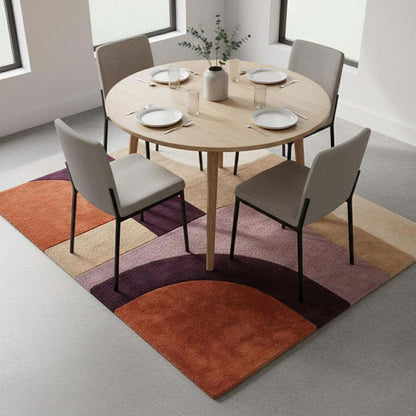 Handmade modern retro wool rug with sculpted texture, bold abstract shapes, luxury statement rug for contemporary interiors