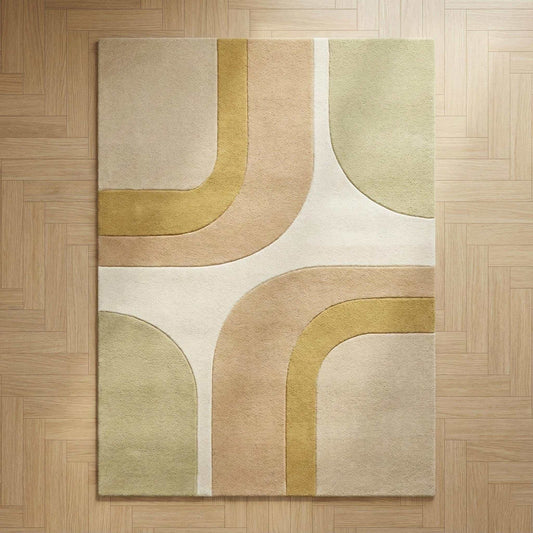 Mid Century Modern abstract rug with retro geometric wool design in neutral earthy tones for living room