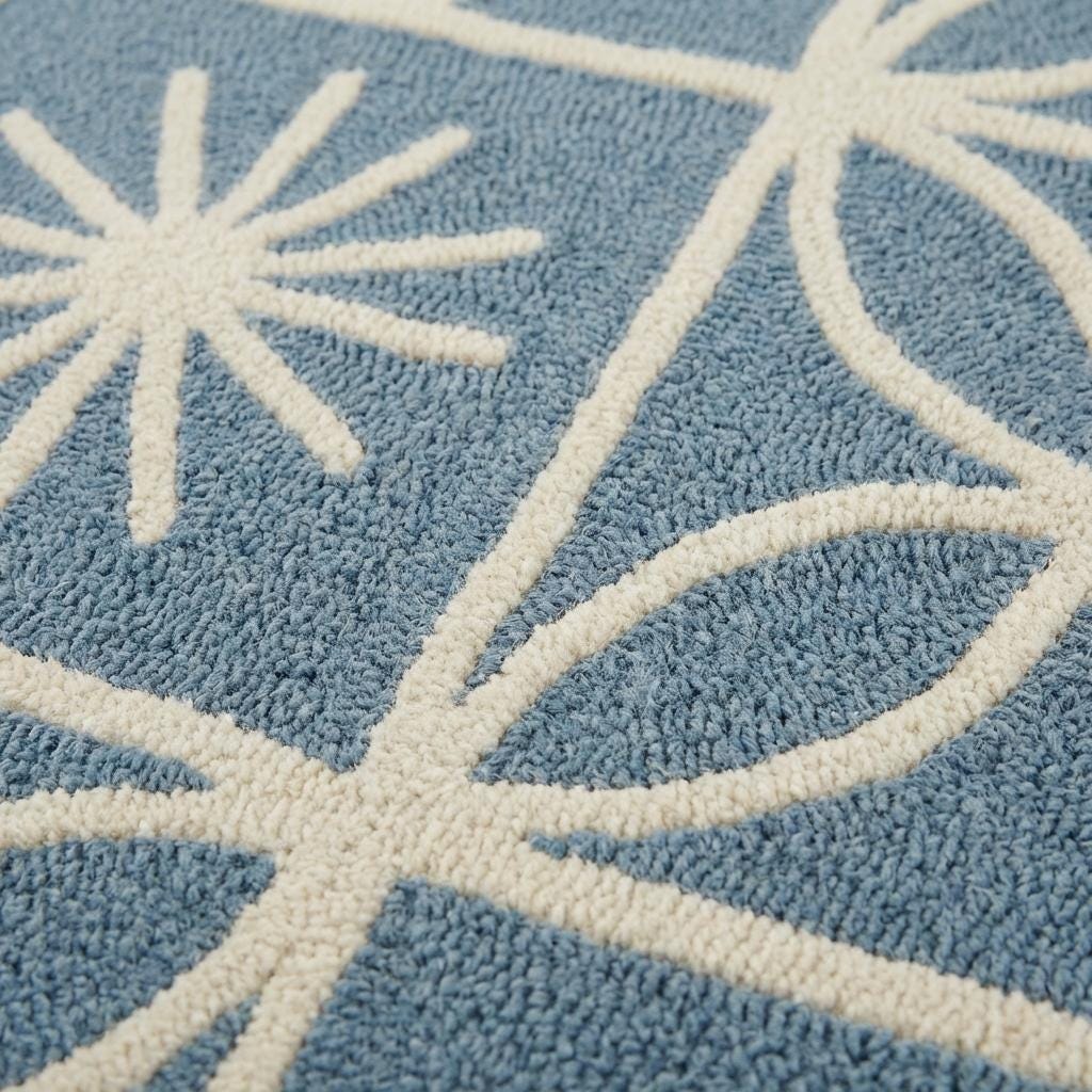 Mid Century Modern Blue Area Rug, Scandinavian Geometric Cream Pattern Rug, Retro Starburst Living Room Carpet, Soft Nursery Rug Decor