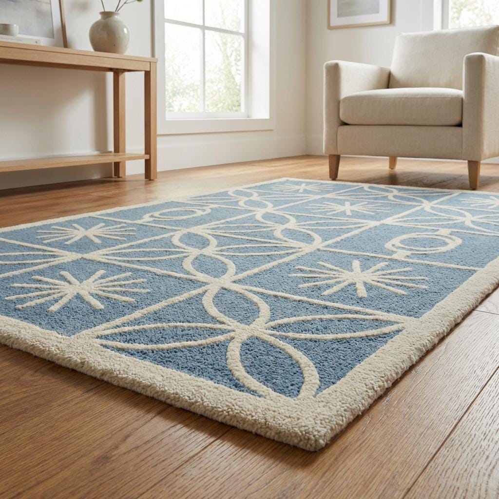 Mid Century Modern Blue Area Rug, Scandinavian Geometric Cream Pattern Rug, Retro Starburst Living Room Carpet, Soft Nursery Rug Decor
