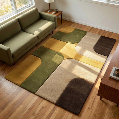 Mid Century Modern Geometric Area Rug with retro color block design in olive, mustard, beige, and brown for stylish living rooms