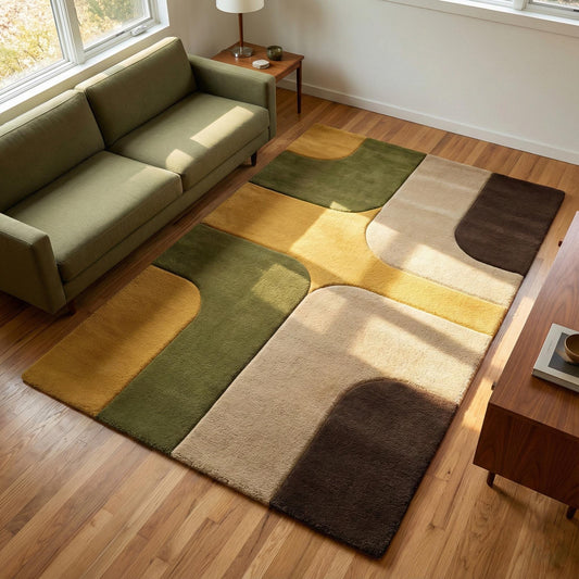 Mid Century Modern Geometric Area Rug with retro color block design in olive green, mustard, beige, and brown for stylish living rooms