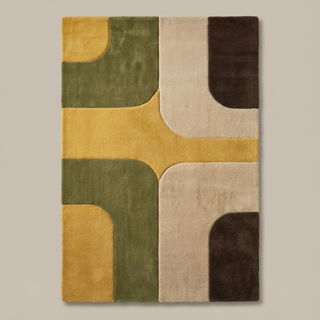 Abstract geometric rug featuring rounded color block shapes and clean transitions inspired by mid century modern design.