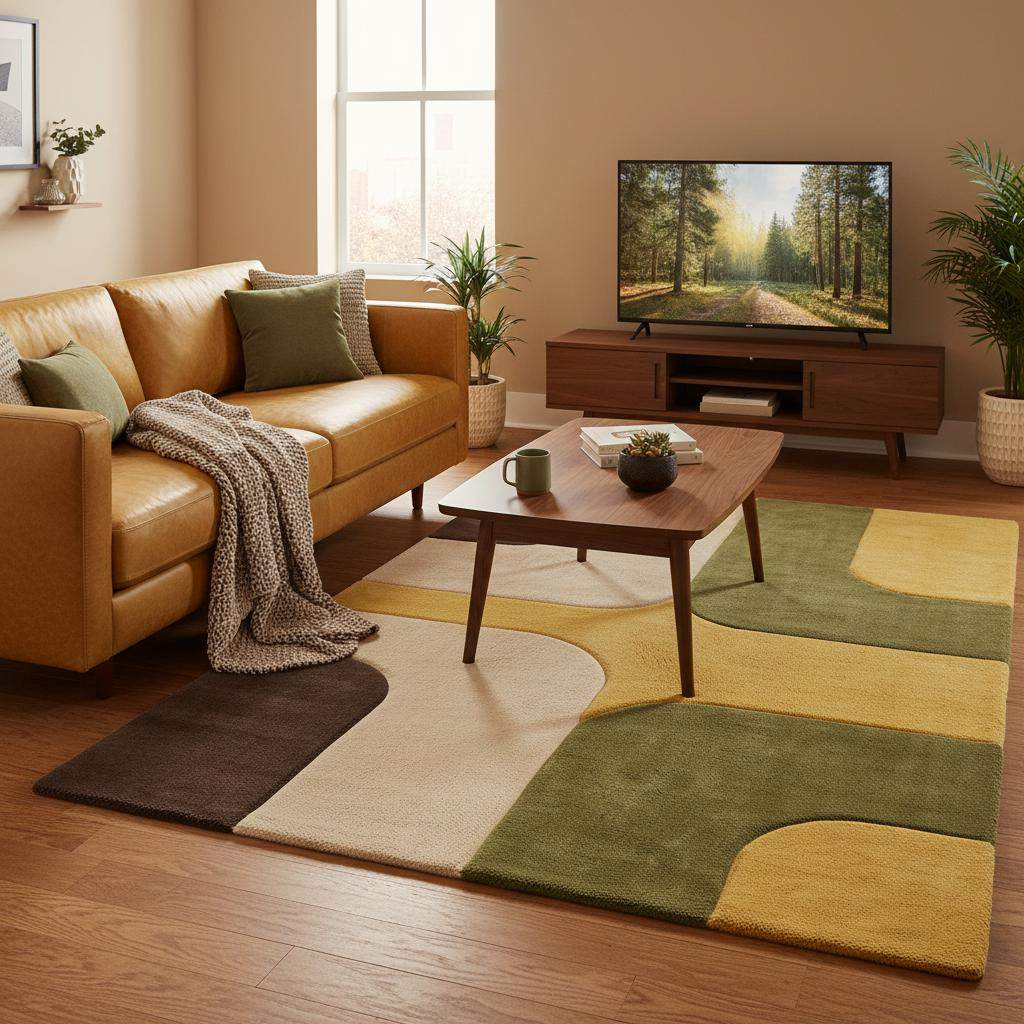 Retro modern geometric rug placed in living room beside sofa, adding warmth, color balance, and mid century style to the space.