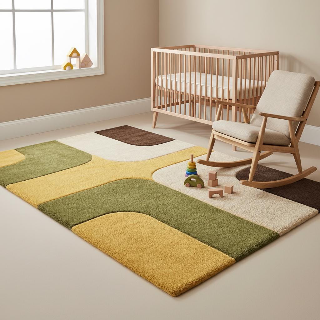 Color block area rug highlighting olive green, mustard yellow, warm beige, and deep brown tones in a balanced modern palette.