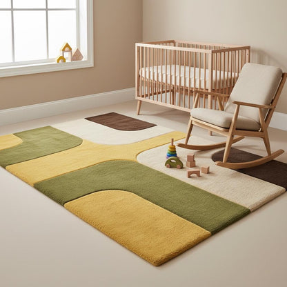 Color block area rug highlighting olive green, mustard yellow, warm beige, and deep brown tones in a balanced modern palette.