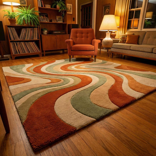 Mid century modern retro wavy wool rug with abstract 1970s design in rust, sage, cream, and beige tones for living room decor