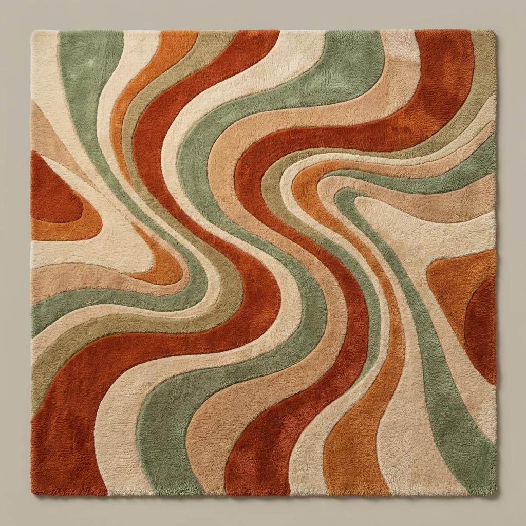 Retro abstract area rug featuring flowing wavy patterns in warm earth tones, perfect for mid century modern interiors