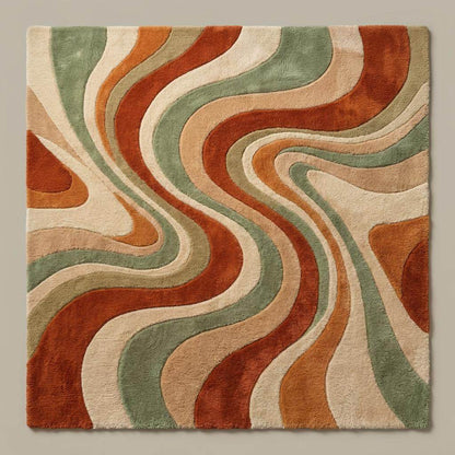 Retro abstract area rug featuring flowing wavy patterns in warm earth tones, perfect for mid century modern interiors
