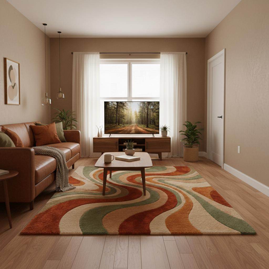 Mid Century Modern Retro Wavy Wool Rug for Living Room Decor