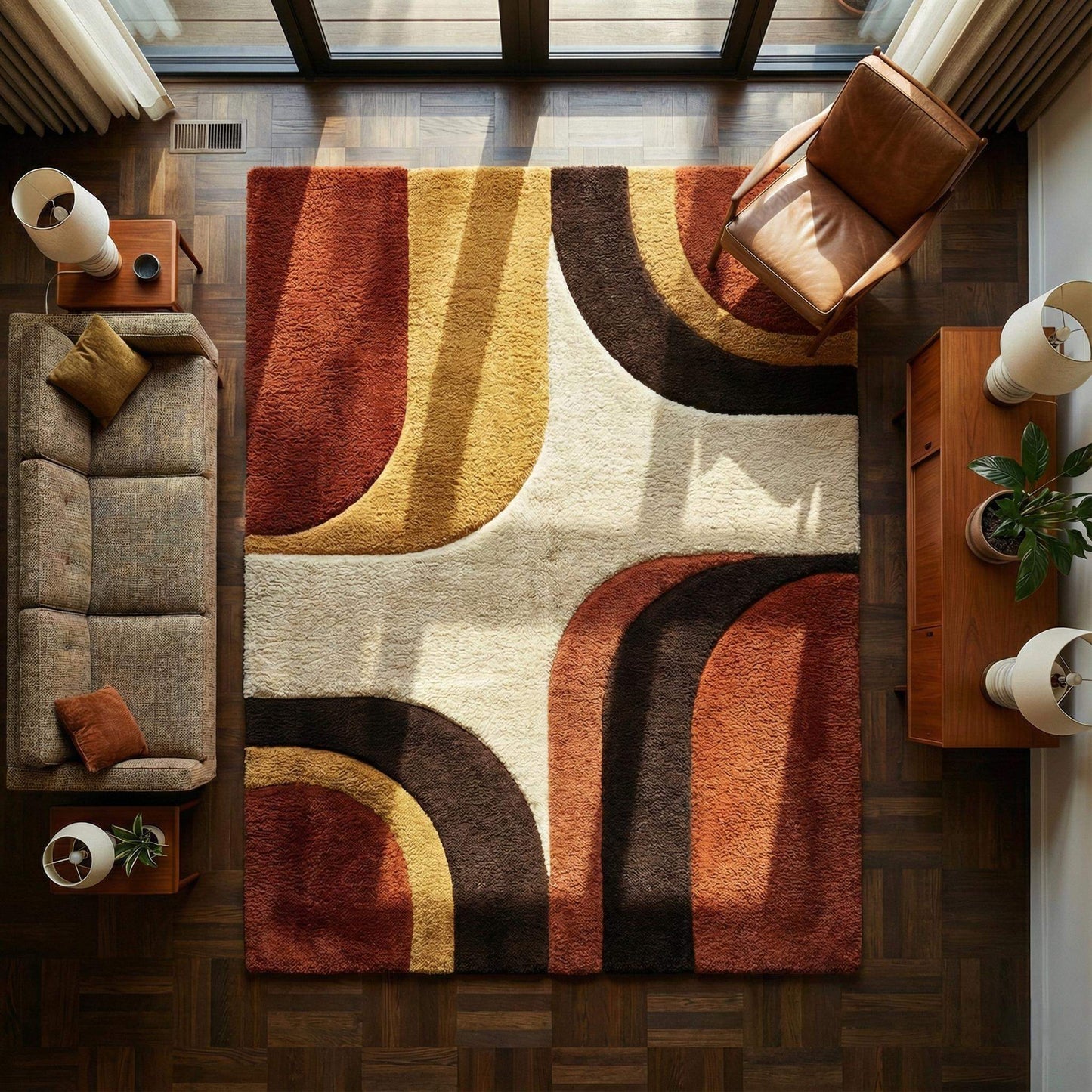 Mid Century Modern Rug with retro abstract geometric design in warm earthy tones and high-pile wool texture