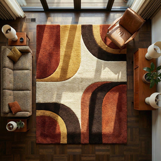 Mid Century Modern Rug with retro abstract geometric design in warm earthy tones and high-pile wool texture