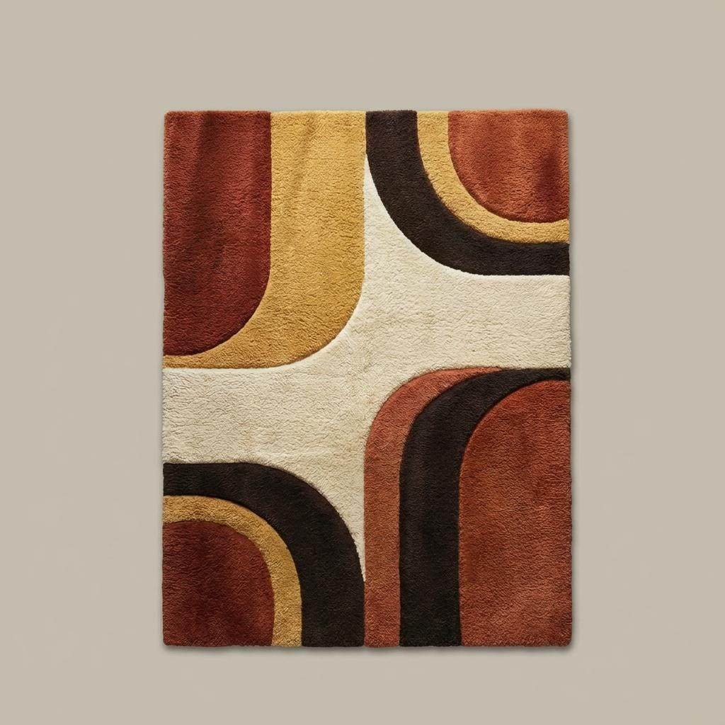 Retro geometric high pile rug featuring sculpted curves and warm earthy tones, modern hand tufted wool carpet