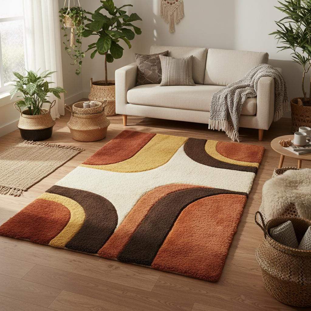 Modern abstract living room rug in burnt orange mustard and cream, plush shag texture with mid century design