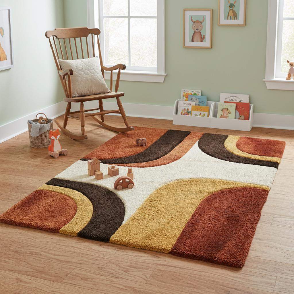 Top view of retro mid century area rug with thick high pile, curved shapes and vintage color palette
