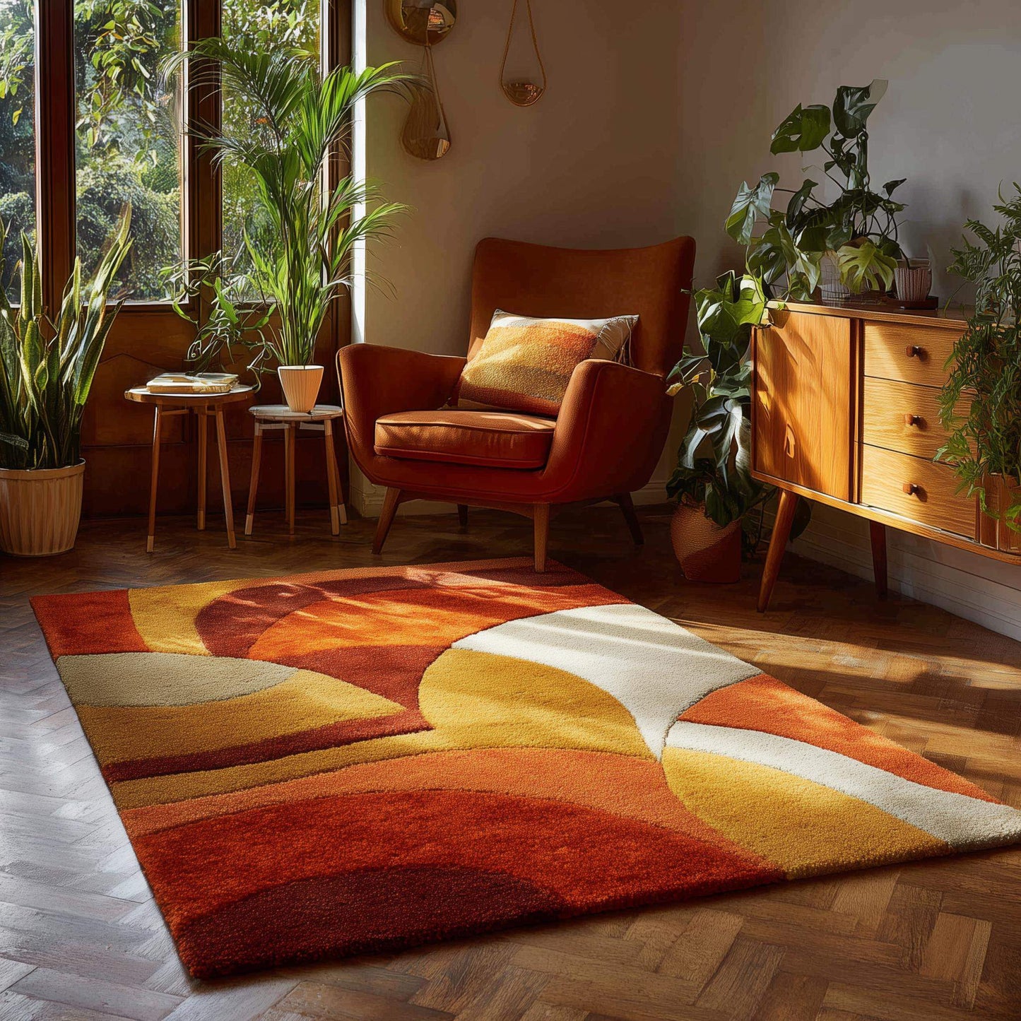 Mid Century Modern Rug with burnt orange, mustard, and cream geometric patterns, hand-tufted high-pile texture for cozy living room decor