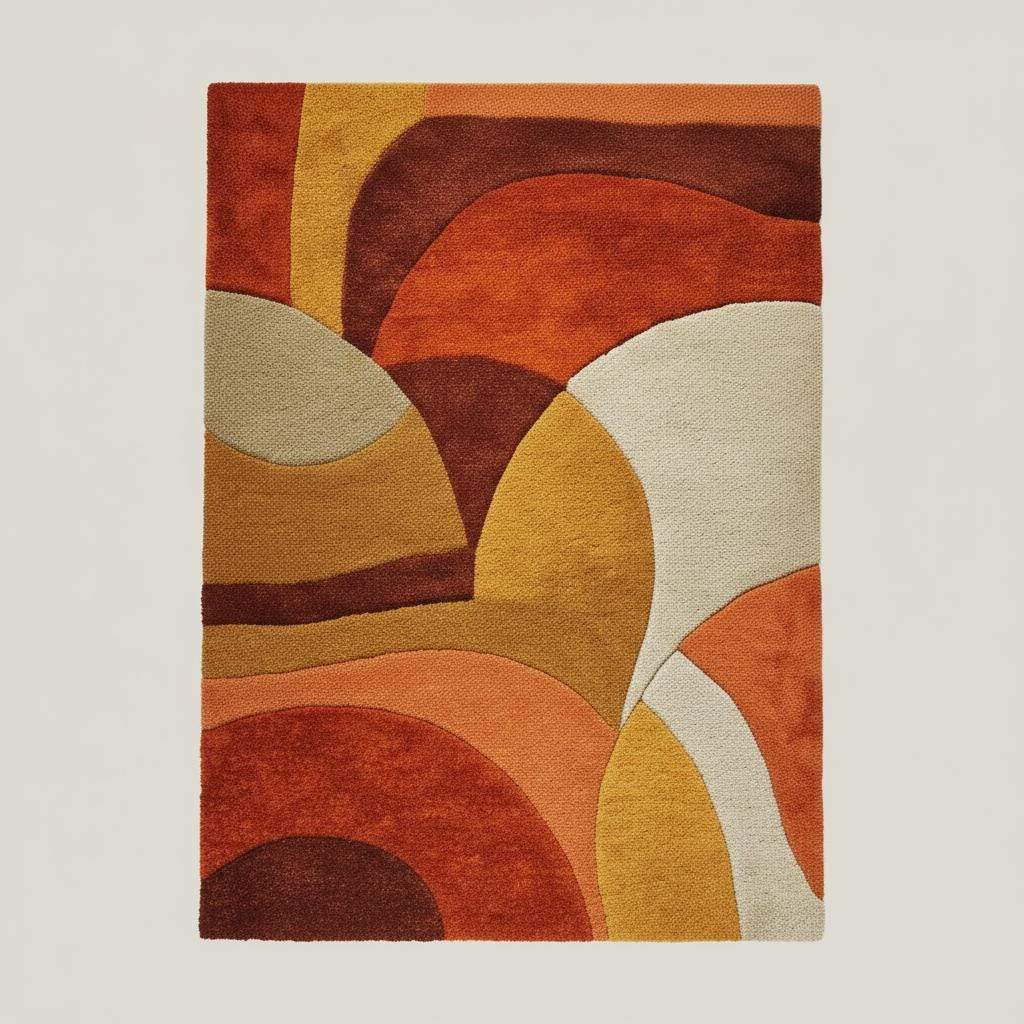 Textured, plush high-pile rug with retro color blocks — perfect mid-century modern living room accent piece.