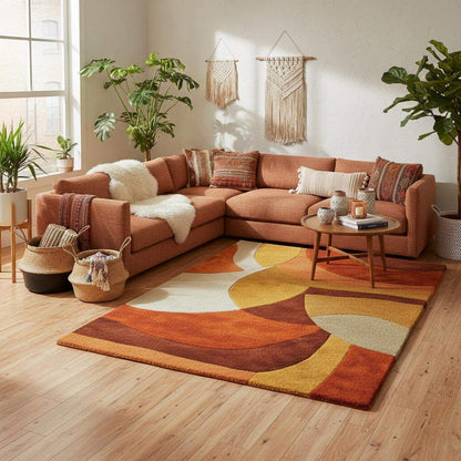 Mid Century Modern Rug — Retro Geometric Area Rug, Hand-Tufted High-Pile Wool Look — Burnt Orange Mustard Living Room Accent Carpet