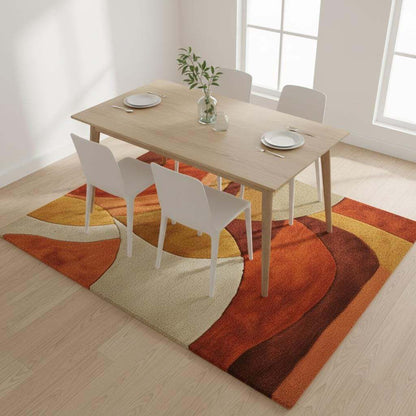 Abstract retro rug 5x7 with warm autumn palette (burnt orange, mustard) — ideal housewarming gift and living room focal point.