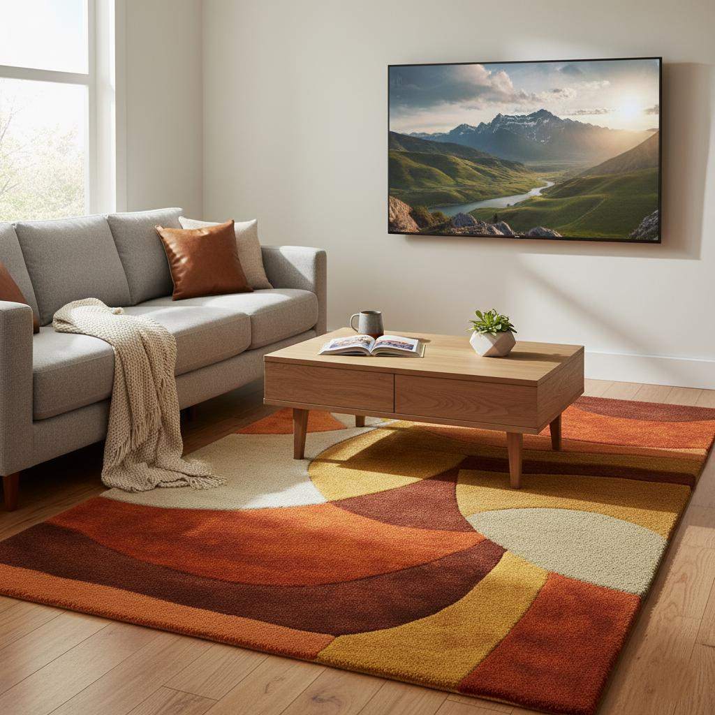 Mid Century Modern Rug — Retro Geometric Area Rug, Hand-Tufted High-Pile Wool Look — Burnt Orange Mustard Living Room Accent Carpet
