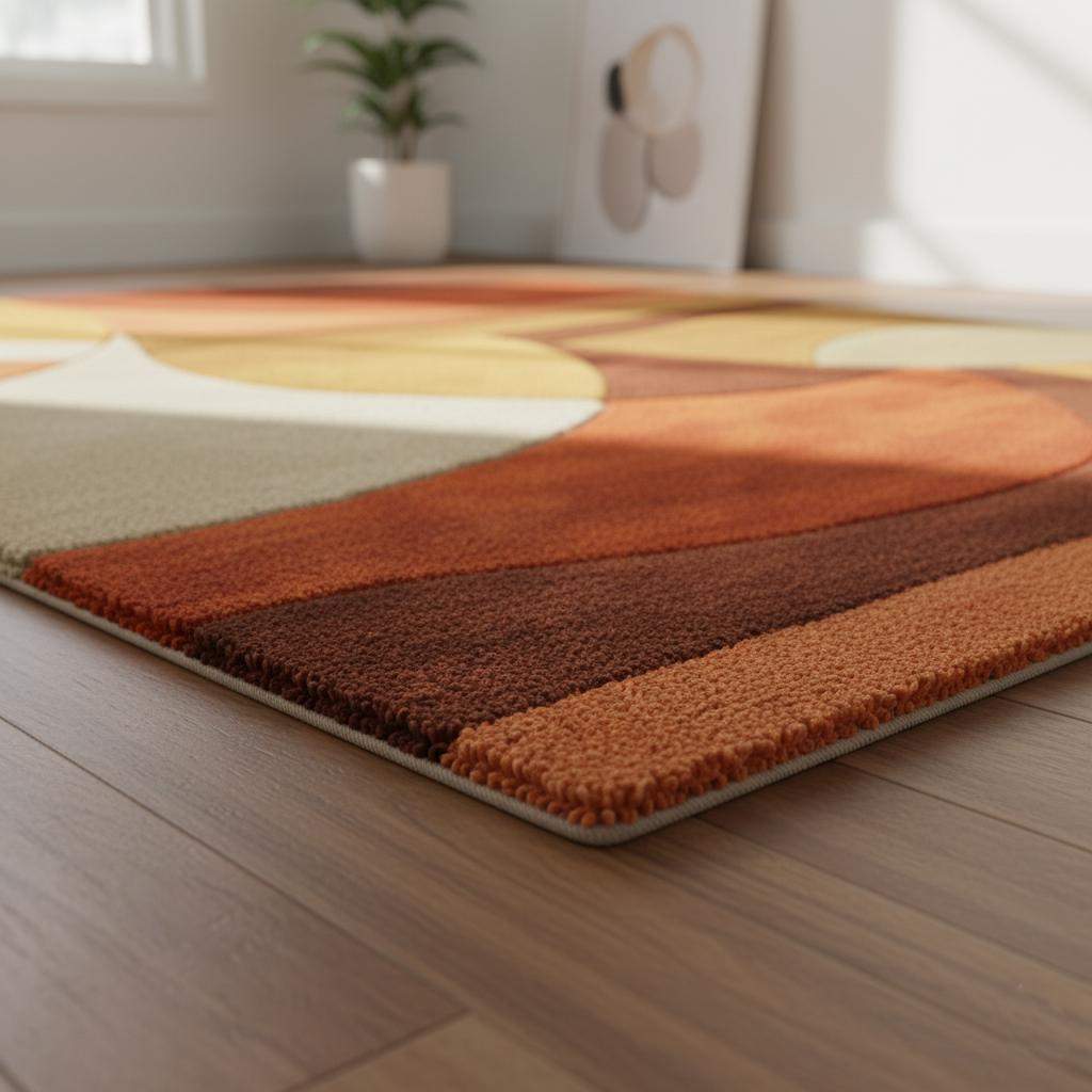 Mid Century Modern Rug — Retro Geometric Area Rug, Hand-Tufted High-Pile Wool Look — Burnt Orange Mustard Living Room Accent Carpet