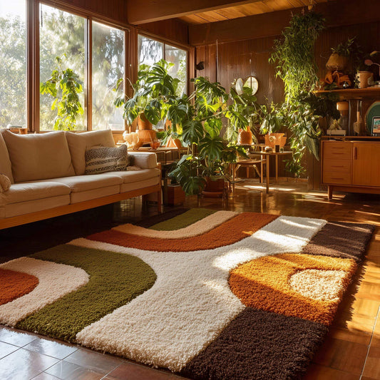 Mid-Century Modern Shag Rug with mustard ochre and green geometric pattern in plush high-pile texture