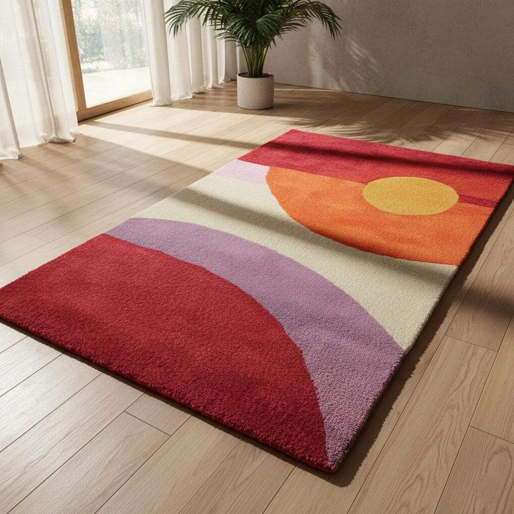 Mid-Century Modern Sunset Rug with abstract geometric red, orange, yellow, and purple circles in a living room setting