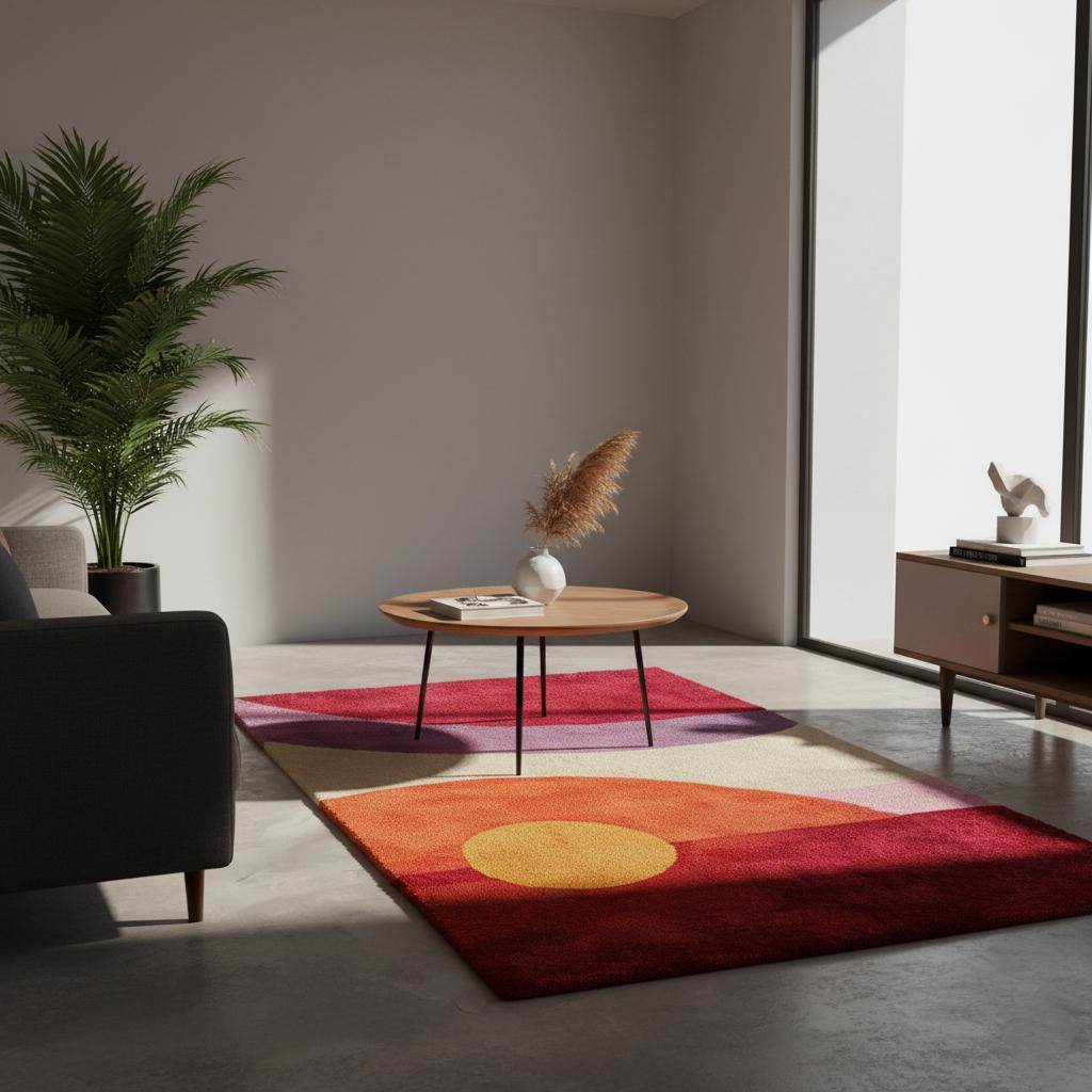 Mid-Century Modern Sunset Rug with abstract geometric red, orange, yellow, and purple circles in a living room setting