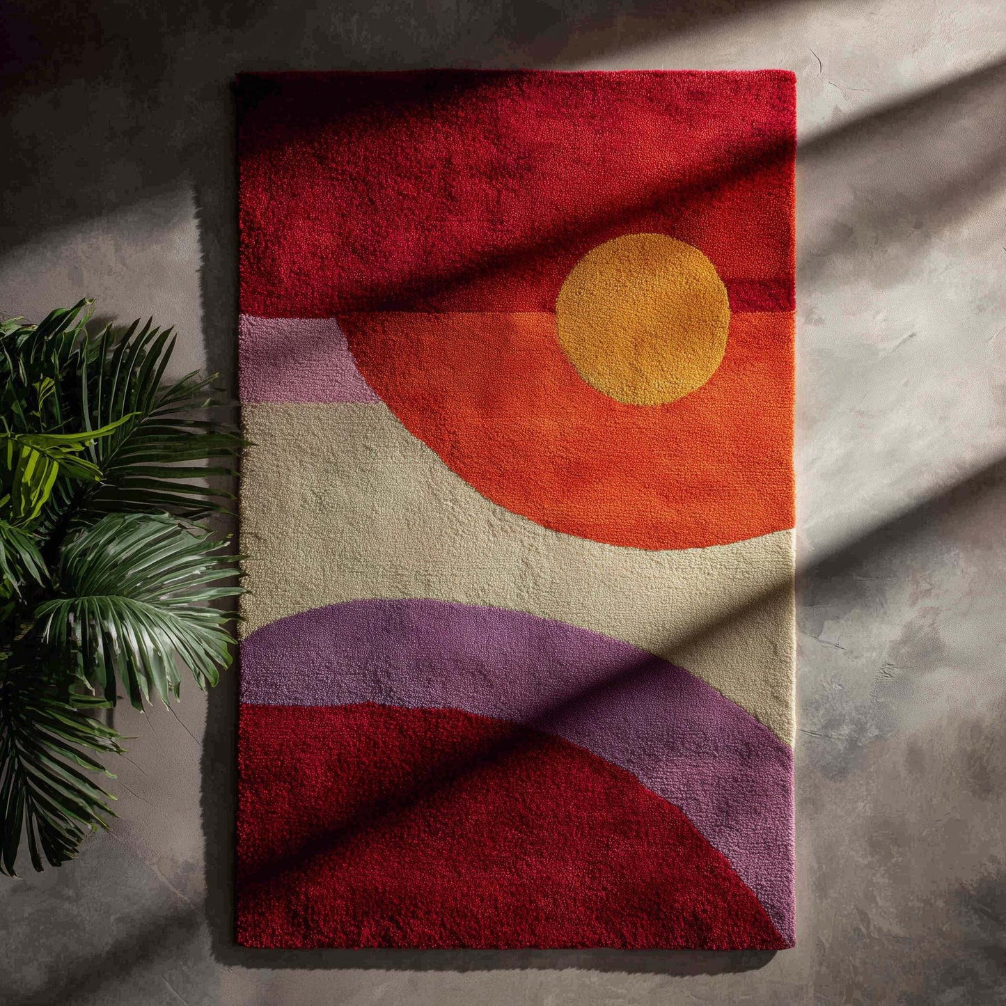 Mid-Century Modern Sunset Rug with abstract geometric red, orange, yellow, and purple circles in living room setting