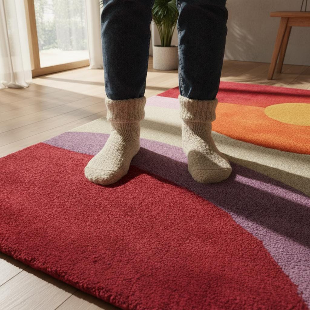 Mid-Century Modern Sunset Rug with abstract red, orange, and yellow geometric circles in living room setting