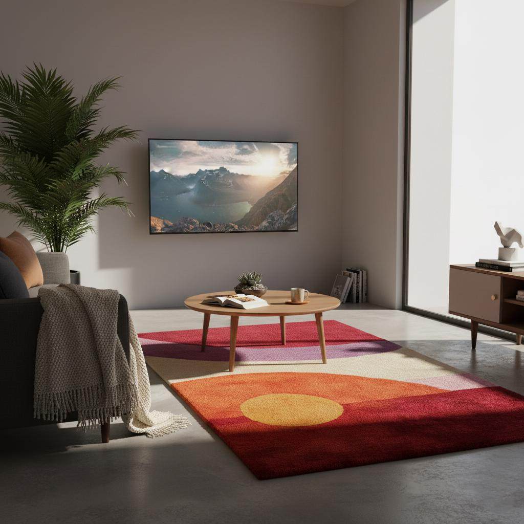Mid-Century Modern Sunset Rug with abstract geometric circles in red, orange, yellow, and purple tones on living room floor