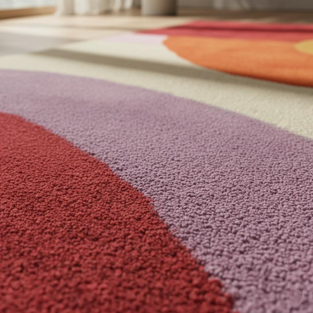 Mid-Century Modern Sunset Rug with abstract geometric circles in red, orange, yellow, and purple tones on living room floor