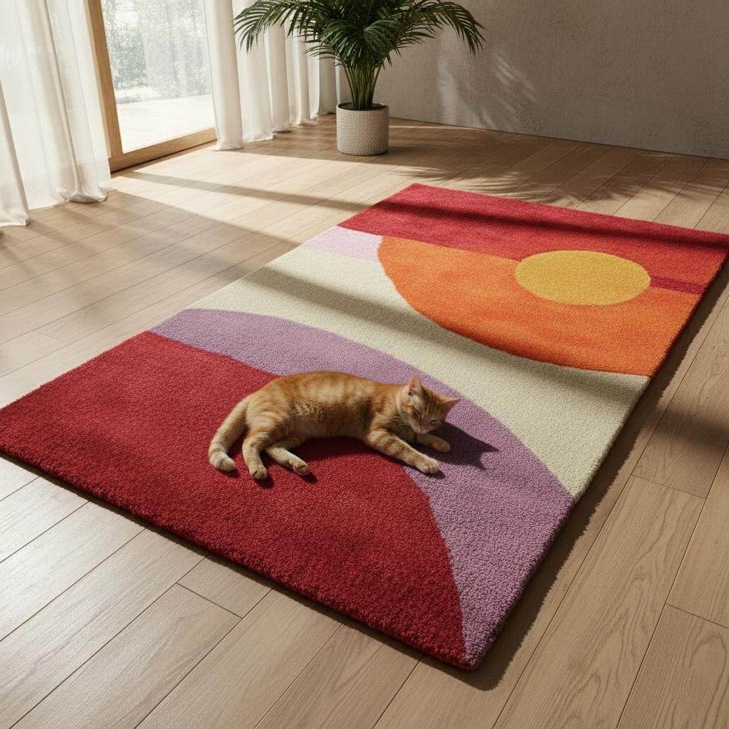 Mid-Century Modern Sunset Rug with abstract geometric circles in red, orange, yellow, and purple hues on living room floor