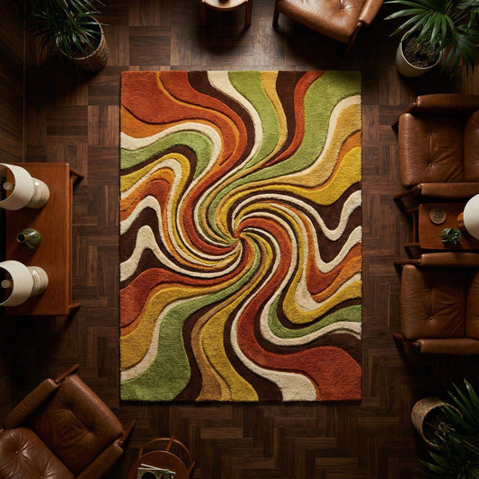 Mid Century Modern Swirl Area Rug in retro 70s colors with handmade tufted wool design