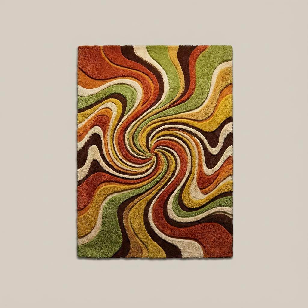 Mid century modern abstract rug featuring psychedelic swirl pattern and textured tufted pile