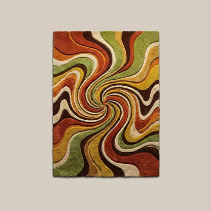 Mid century modern abstract rug featuring psychedelic swirl pattern and textured tufted pile
