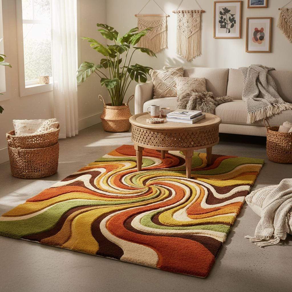 Colorful retro wool area rug styled in a vintage living room with leather chairs and wood flooring