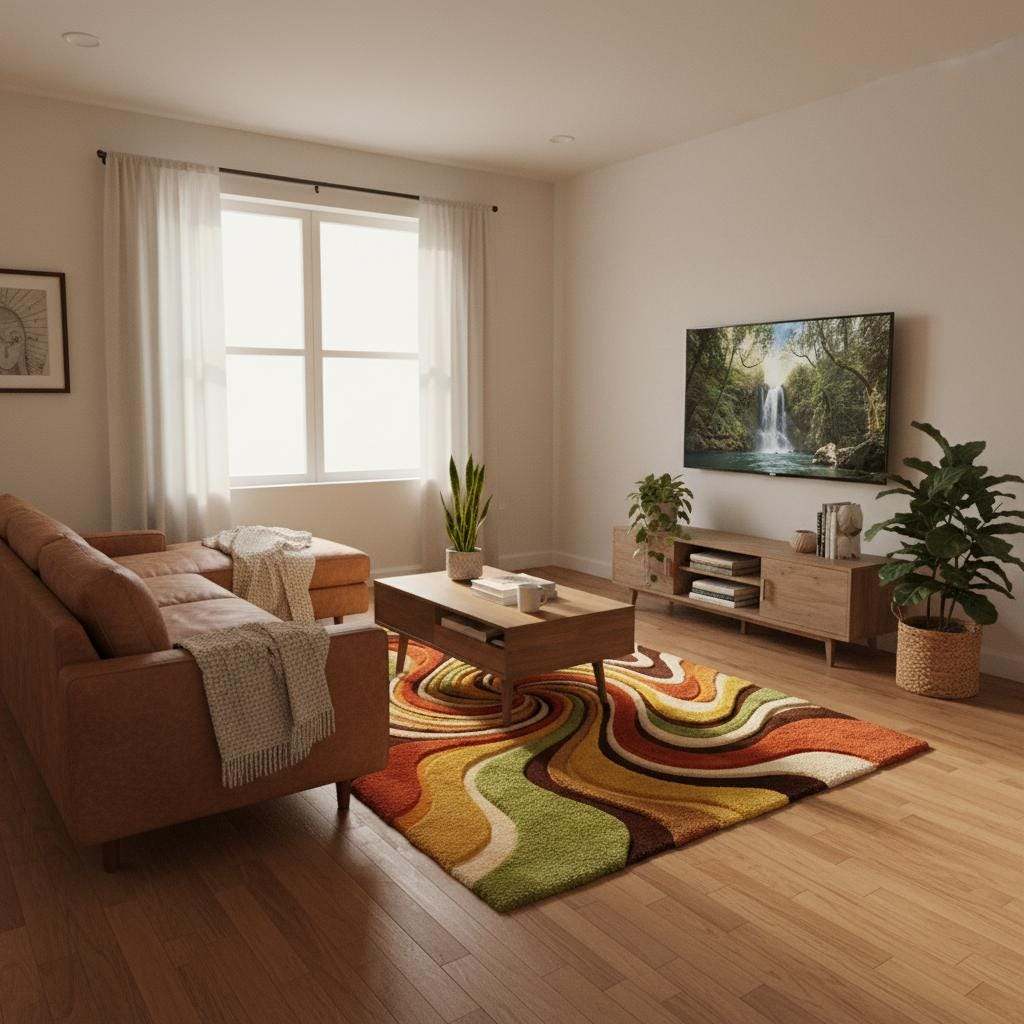 Boho psychedelic swirl rug showcasing bold 1970s inspired curves and earthy color palette