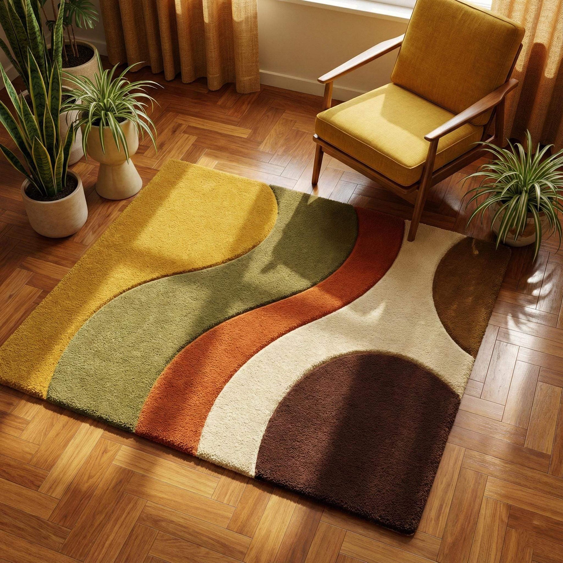 Mid century modern wavy area rug with earth tone abstract pattern in mustard, olive, rust, cream, and brown